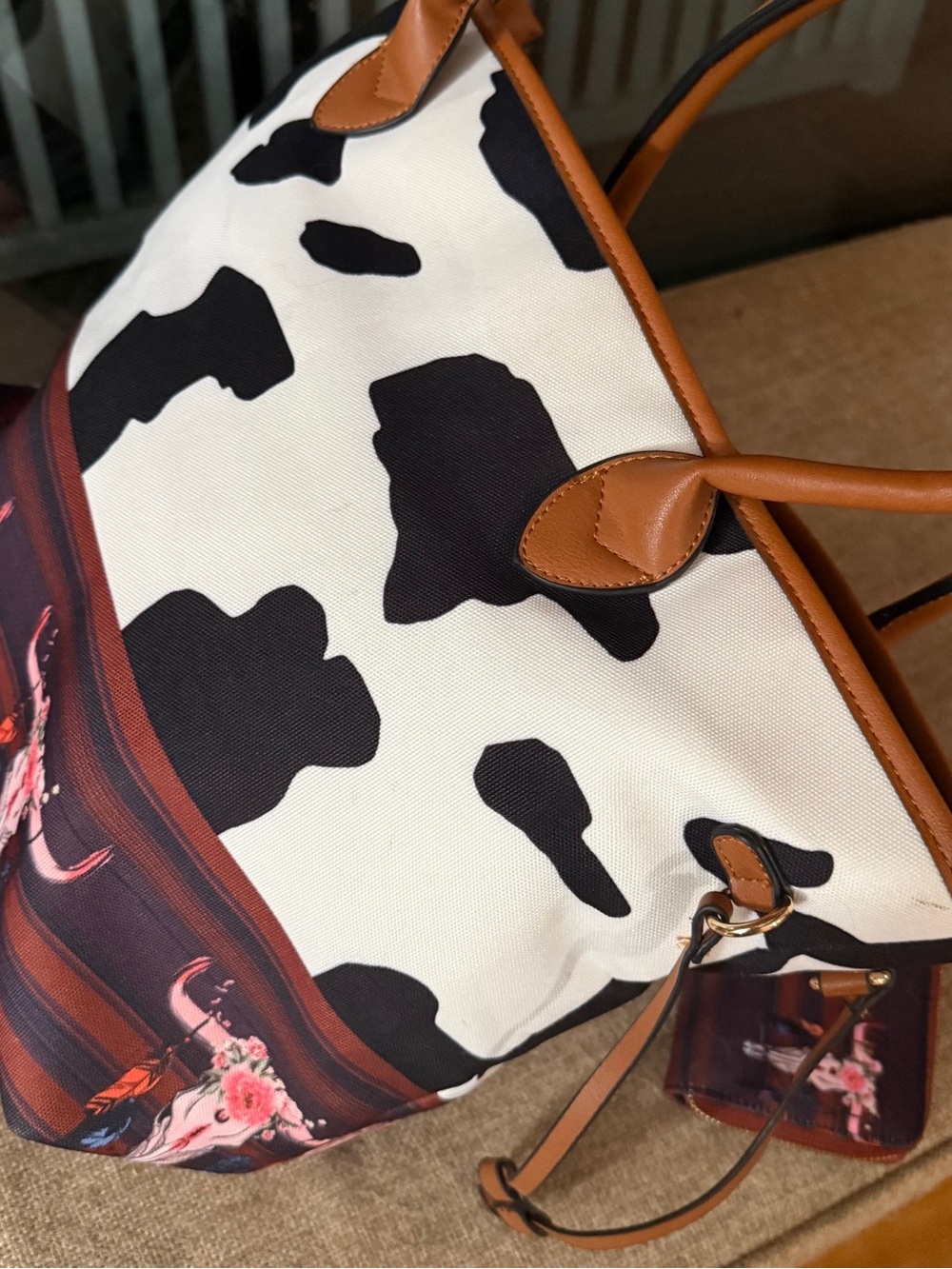 2 piece set Cow -Print Canvas Tote with Floral Longhorn Stripe & matching wallet - Picture 7 of 14